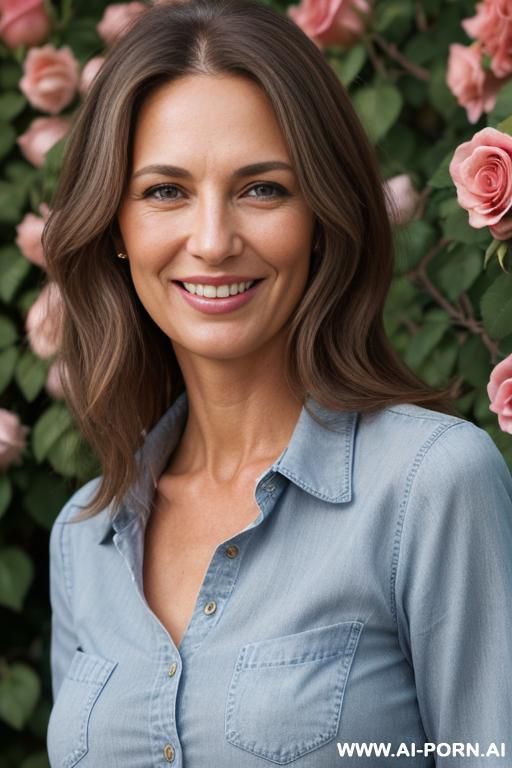 beautiful mediterranean woman, fair skin, slight wrinkles, light brown hair with a some gray strands, smiling, big large blue-green eyes, delicate button nose, soft facial features, full natural - #main
