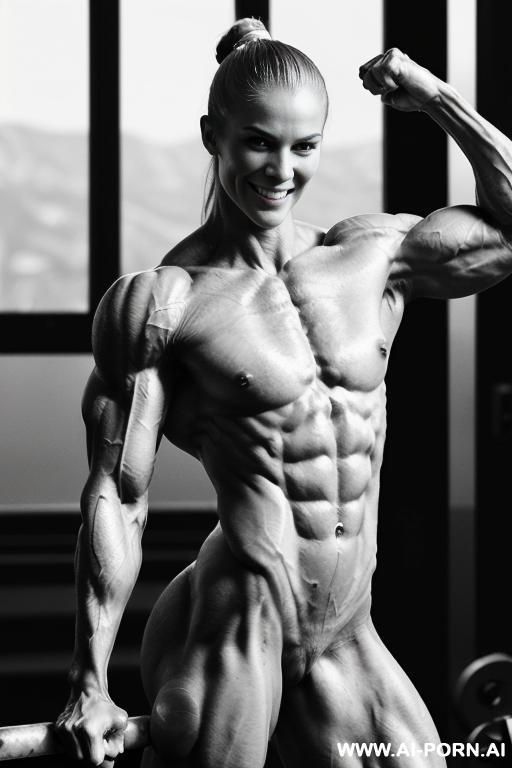 ((nude white norwegian smiling very muscular short fitness model pia m. with rockhard pecs)), (extreme sculpted abs), ((very muscular pecs)), ((very muscular delts)), ((very muscular traps)), ((nude - #main