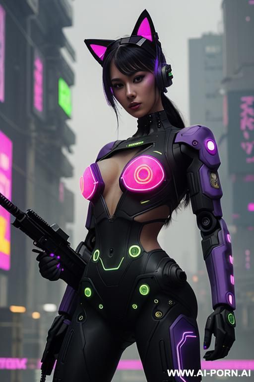 beautiful realistic woman ((woman fully robotic mechanic body)), (((holding electric and luminous neon violet assault rifle))), ultra detailed, finely detail, highly detailed face, highly detailed eyes, - #main
