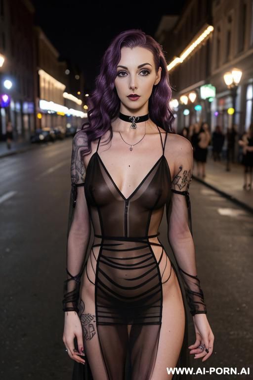 purple hair, piercings, , medium wavy hair, tattoos, pretty, ((fully sheer) dress, choker, public nighttime street - #main