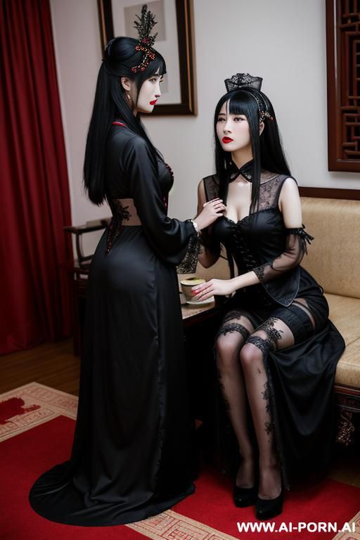 tea party, goth woman, goth clothes, full clothes, long dress, hugging each other, many housemaid in background - #main