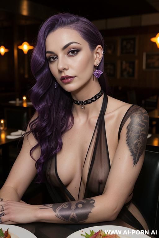 purple hair, piercings, , medium wavy hair, tattoos, pretty, ((completely sheer)) dress, choker, facing the camera, seductive expression, topless, restaurant seated - #main