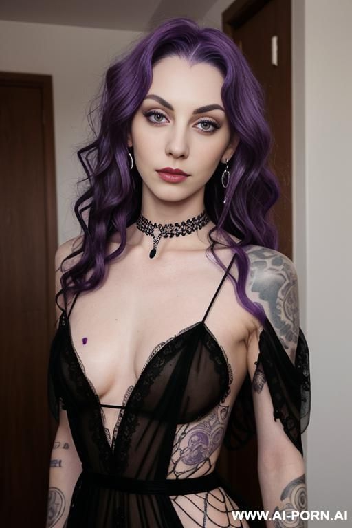 purple hair, piercings, , medium wavy hair, tattoos, pretty, sheer dress, choker,, - #main