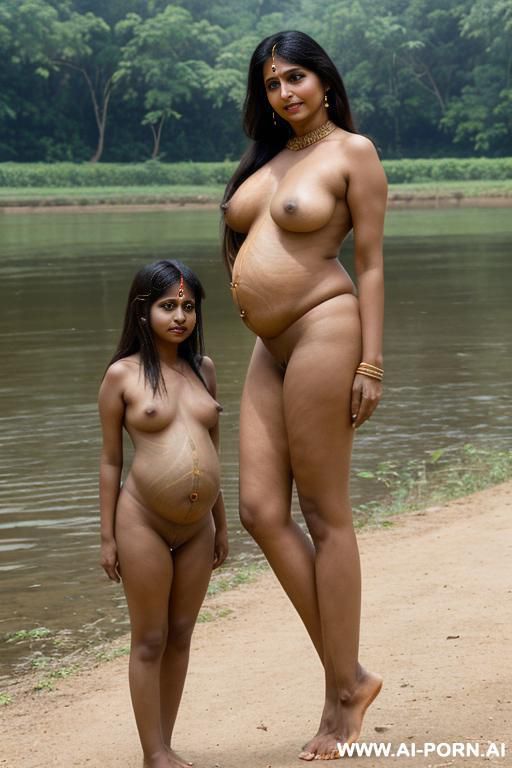 (((((amarsroshta-motherhood))))) (((two mature indian woman))), colonial farmer, in an indian river in the countryside, naked, heavenly beauty, round face, standing in front of me, positioned with hers - #main