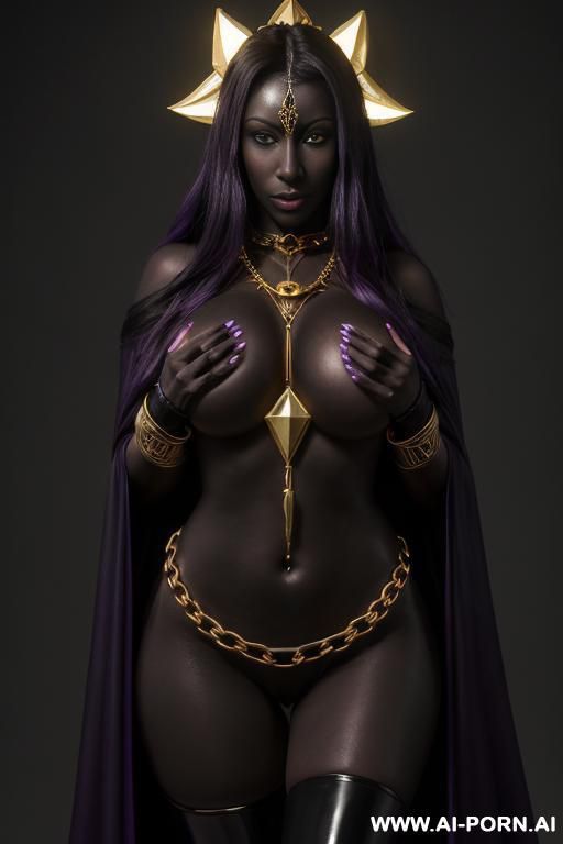 (((symmetric body))), ((front view)), (golden necklaces), (((black noir skin))), (((dark black skin))), (noir skin), purple magical cape, wet skin, purple hair, ((golden hip chain)), (((symmetric))), (((black noir skin))), - #main
