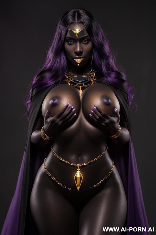 (((symmetric body))), ((front view)), (necklaces), (((black noir skin))), (((dark black skin))), (noir skin), (((purple magical cape))), wet skin, purple hair, ((golden hip chain)), (((symmetric))), (((black noir skin))), - #main