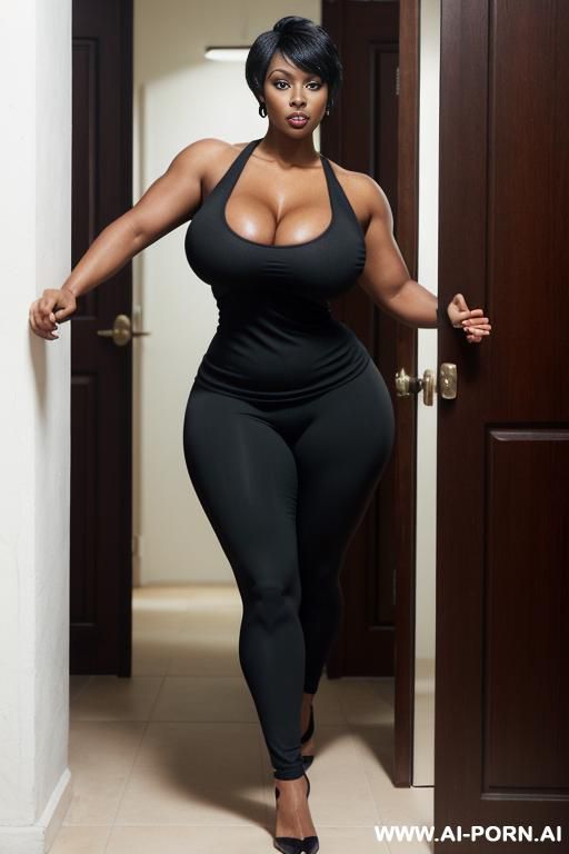 sexy bimbo milf, milf, matured milf, thot, really dark black skin, deep dark black skin color, ultra thicc, bulked up thighs, tight shirt, extremely gigantic boobs, perfect eyes - #main