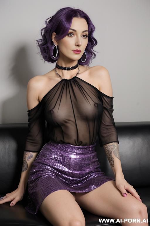 purple hair, piercings, , medium wavy hair, tattoos, pretty, sheer top, skirt, choker, chain, seated on couch, facing camera, plain background, porn set, seductive expression, flashing pussy spreading legs, surrounded by men - #main