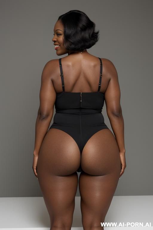 jamaican woman with beautiful face, older face, short straight hair down to her neck, dark black skin, plump chipmunk-like cheeks that are very round, bever smile, cat-like shaped eyes, bright eyes, k firm and strong legs - #main