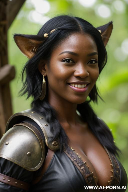 jamaican woman with beautiful face, short straight hair down to her neck, dark black skin, plump chipmunk cheeks that are very round, bever smile, cat-like shaped eyes, bright eyes, mid-size head - #main