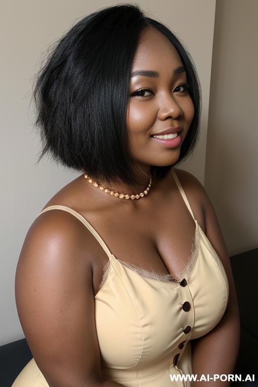 jamaican woman with beautiful face, let down hair, short straight hair down to her neck, dark black skin, chipmunk cheeks (((very round cheeks))), thick cheeks, bever smile, cat-like shaped eyes, bright eyes, mid-size head, wide head - #main