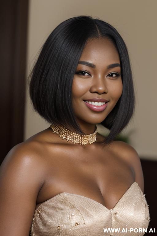 jamaican woman with beautiful face, let down hair, short straight hair down to her neck, dark black skin, chipmunk cheeks (((very round cheeks))), thick cheeks, chipmunk smile, cat-like shaped eyes, bright eyes, mid-size head, wide jaw - #main