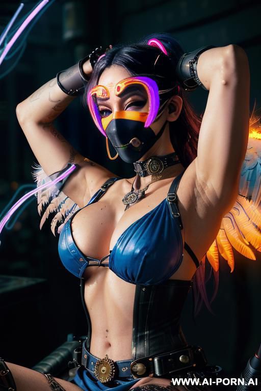 ((((masterpiece)))), (((woman sitting))), (glowing red eyes), (long blue purple and white hair with a flower), ((crop top white collar shirt with red tie)), ((((flaming angel wing)))), ((navy formal - #main