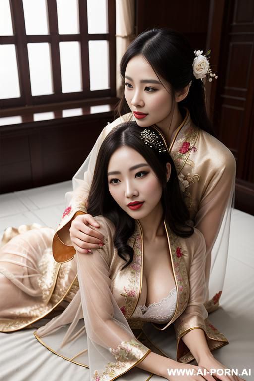tea party, full clothes, pleated dress, chinese clothes, traditional clothes, chinese wedding, old china outfit , lights color coat , 2 womens, lying on bed, women on top, hugging each other, kissing, - #main