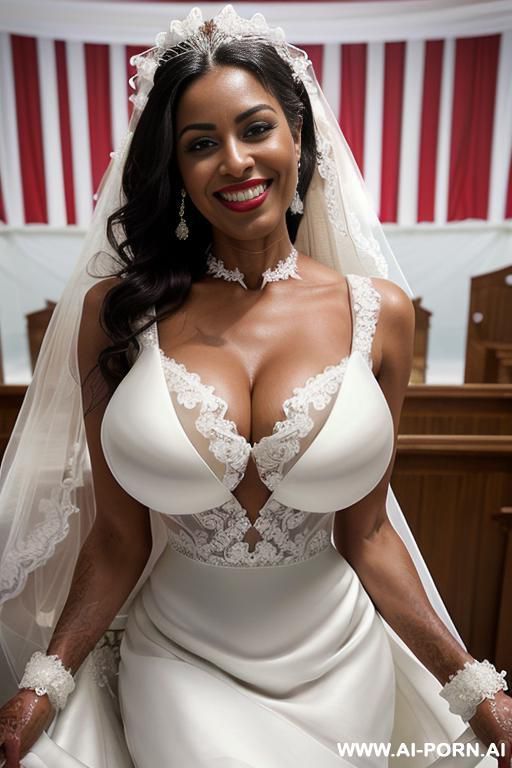 (((((extremely big boobs))))), ((ultra deep tanned skin))), ((fit))), ((((((white wedding dress))))), ((extremely beautiful make-up))), (red lip gloss), seductive, extremely slutty, ((very wicked)), ((((ultra - #main