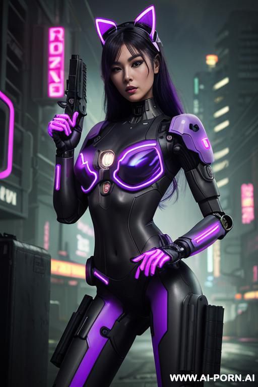 beautiful realistic woman ((woman fully robotic mechanic body)), (((holding electric and luminous neon violet assault rifle))), ultra detailed, finely detail, highly detailed face, highly detailed eyes, - #main