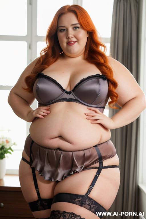 half body photo shot close up. a ((british obese fat bbw redhead)), ((thick with love handless)). ((wearing a gray sexy and hot garter belt lingerie, and a dark-orange ruffle silk micro-skirt)). she is smiling - #main