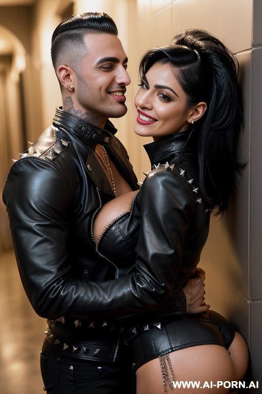 ((((arab rap milf hugging and kissing a muscular punk man on the lips)))) with ((((((gigantic tits)))))) and (((long hair))), (makeup) , (((tight spiked black leather jacket))) (((tight spiked black - #main