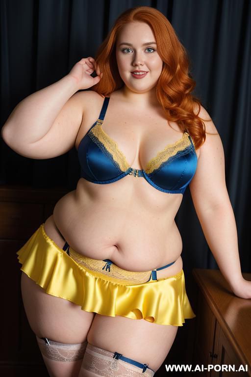half body photo shot close up. a ((british obese fat bbw redhead)), ((thick with love handless)). ((wearing a yellow sexy and hot garter belt lingerie, and a dark-blue ruffle silk micro-skirt)). she is smiling - #main