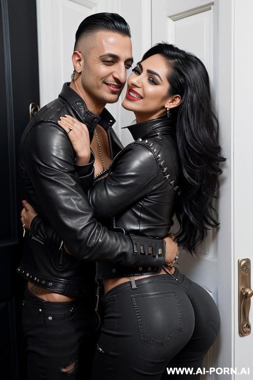 ((((arab rap milf hugging and kissing a muscular punk man on the lips)))) with ((((((gigantic tits)))))) and (((long hair))), (makeup) , (((tight spiked black leather jacket))) (((tight jeans))) - #main