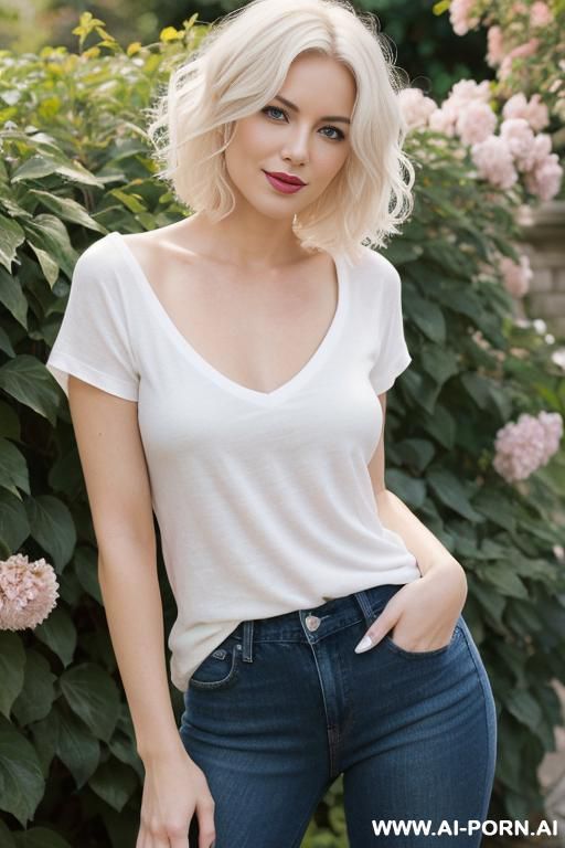 pretty, american, 30, short wavy hair, platinum blonde hair, very white skin, slight smile, makeup, standing, spreading legs, white v-neck t-shirt, dark blue jeans, blurred background, walled garden background. - #main