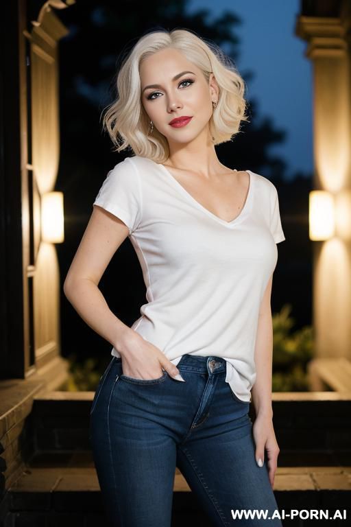 pretty, american, 30, short wavy hair, platinum blonde hair, very white skin, slight smile, makeup, standing, spreading legs, white v-neck t-shirt, dark blue jeans, blurred background, night time, old mansion background. - #main