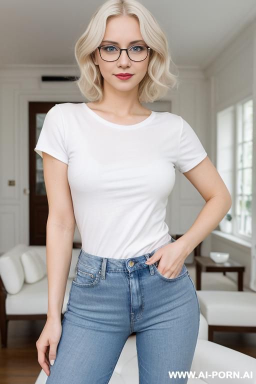 pretty, hungarian, 30, short wavy hair, platinum blonde hair, very white skin, slight smile, makeup, eye shw, standing, spreading legs, glasses, tight white t-shirt, blue jeans, blurred background, night, mansion background. - #main