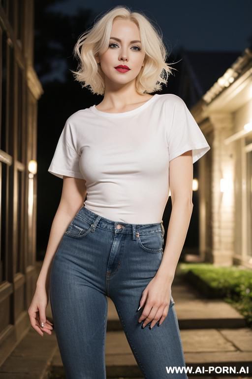 pretty, american, 30, short wavy hair, platinum blonde hair, very white skin, slight smile, makeup, standing, spreading legs, tight white t-shirt, dark blue jeans, blurred background, night time, old mansion background. - #main
