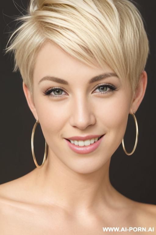 short pixie hair cut, hoop earrings, front view, long shot, direct eye contact with viewer, white background. - #main