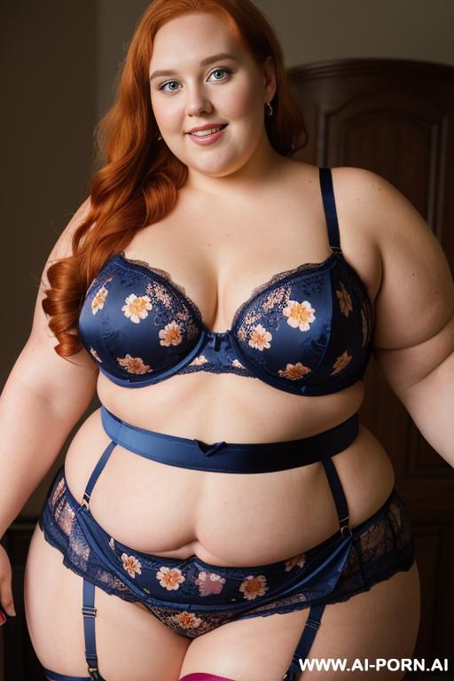half body photo shot close up. a ((british obese fat bbw redhead)), ((thick with love handless)). ((wearing a print flowers sexy and hot garter belt lingerie, and a dark-blue ruffle silk micro-skirt)). she is smiling - #main