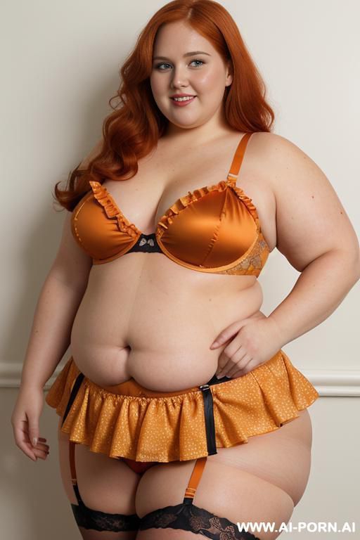 half body photo shot close up. a ((british obese fat bbw redhead)), ((thick with love handless)). ((wearing a print sexy and hot garter belt lingerie, and a dark-orange ruffle silk micro-skirt)). she is smiling - #main