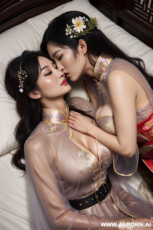 tea party, full clothes, pleated dress, chinese clothes, traditional clothes, chinese wedding, old china outfit , lights color sheer coat , 2 womens, lying on bed, women on top, hugging each other, kissing, lookimg at another - #main