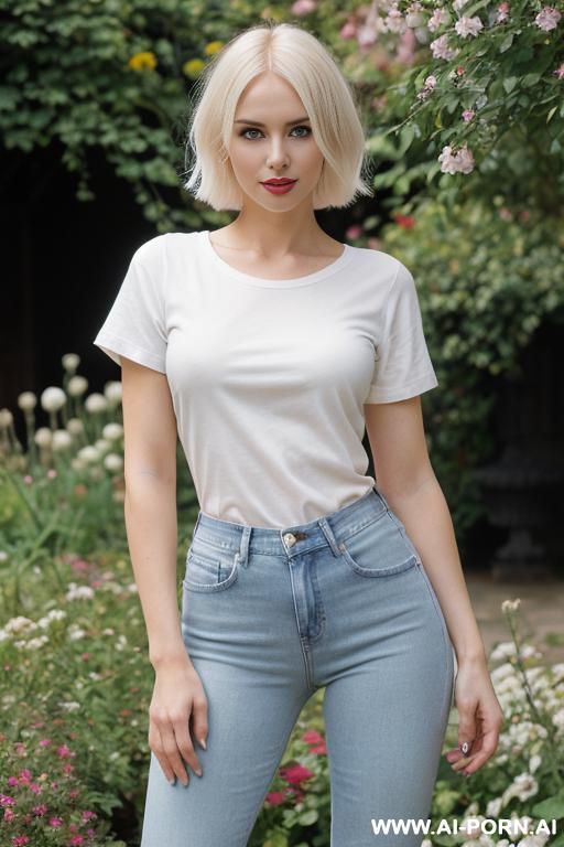 pretty, hungarian, 30, slight cheekbones, short messy hair, platinum blonde hair, very white skin, slight smile, makeup, eye shw, standing, spreading legs, fitted t-shirt, jeans, blurred background, victorian garden background. - #main