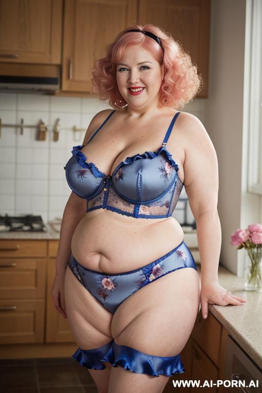 sexy old ladies fat bbw redhead)), ((thick with love handless)). ((wearing a print flowers bustier blue ruffle silk micro-skirt see through panties)). she is smiling and dancing bending over - #main