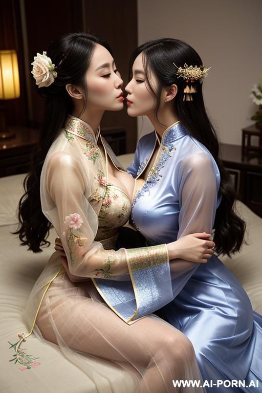 tea party, full clothes, pleated dress, chinese clothes, traditional clothes, chinese wedding, old china outfit , lights color sheer coat , 2 womens, lying on bed, women on top, hugging each other, kissing, lookimg at another - #main