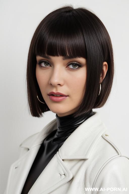 hoop earrings, front view, direct eye contact with viewer, white background, black leather coat - #main