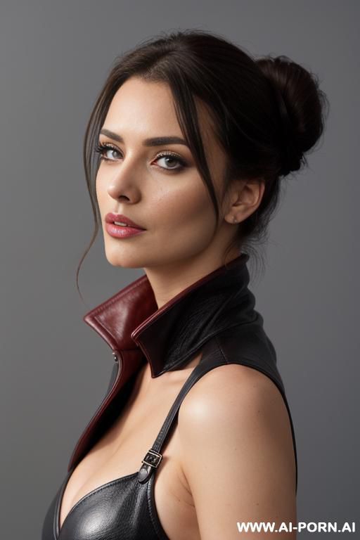 front view, direct eye contact with viewer, grey background, red leather coat, cleavage, model, ballerina - #main