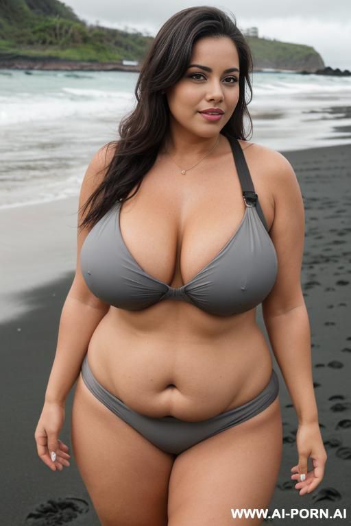 colombian milf, saggy tits, pear shape body figure, thick thighs, fat, grey sling swimwear, on a black sand beach, overcast weather, full shot - #main