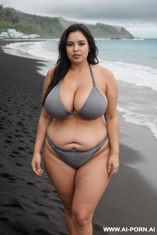 brazilian milf, saggy tits, pear shape body figure, thick thighs, fat, grey sling swimwear, on a black sand beach, overcast weather, full shot - #main