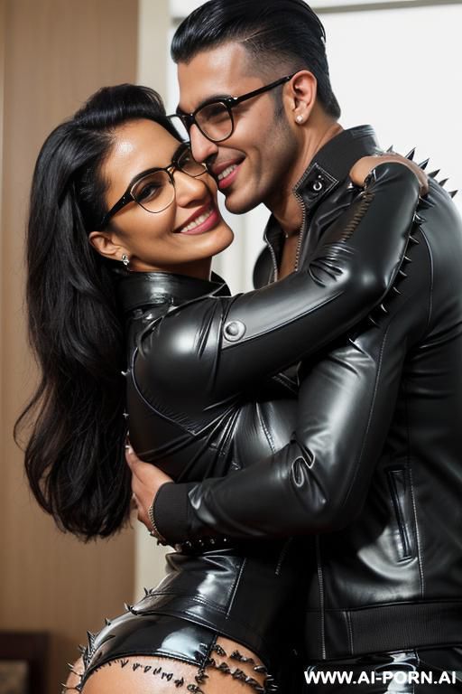 ((((nerdy arab rap milf hugging and kissing a muscular punk man on the lips)))) with ((((((gigantic tits)))))) and (((long hair))), (makeup) , (((tight spiked black latex jacket))) (((tight spiked - #main