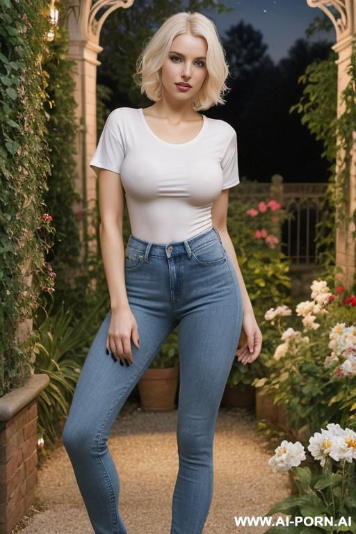 pretty, hungarian, babe, 30, fine cheekbones, short wavy hair, platinum blonde hair, white skin, athletic body, boobs, slight smile, makeup, standing, spreading legs, t-shirt, jeans, blurred background, night, victorian garden background. - #main