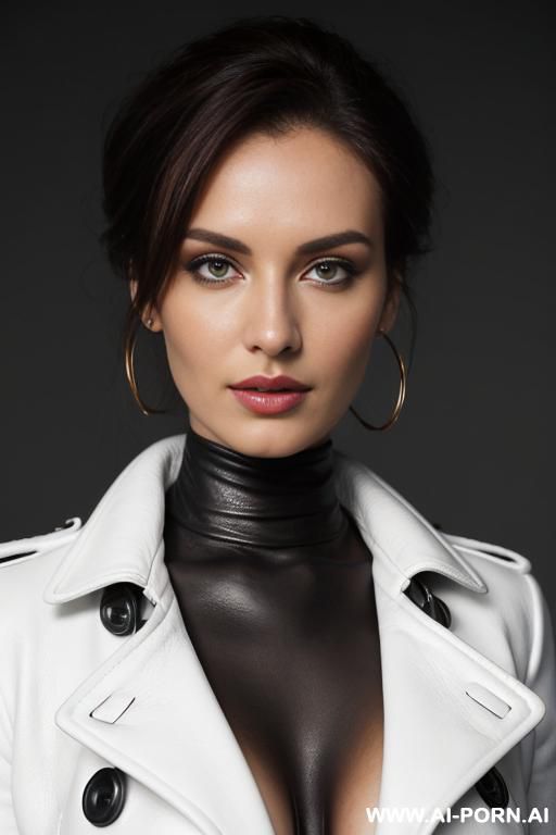 front view, direct eye contact with viewer, white background, red leather coat, cleavage - #main
