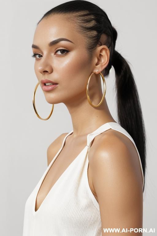 hoop earrings golden jumpsuit direct eye contact with viewer white background - #main