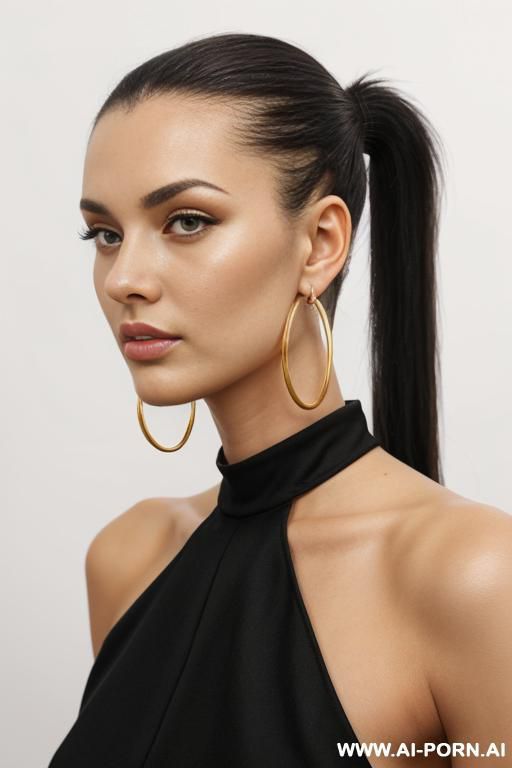 front view, hoop earrings, golden jumpsuit, direct eye contact with viewer, white background. - #main