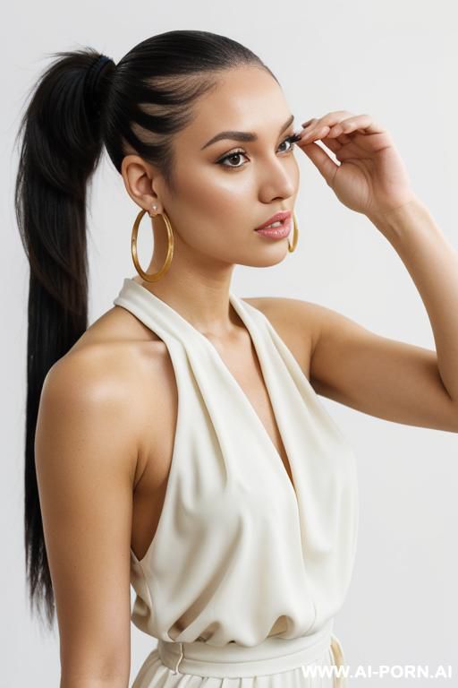 hoop earrings, golden jumpsuit, direct eye contact with viewer, white background. - #main