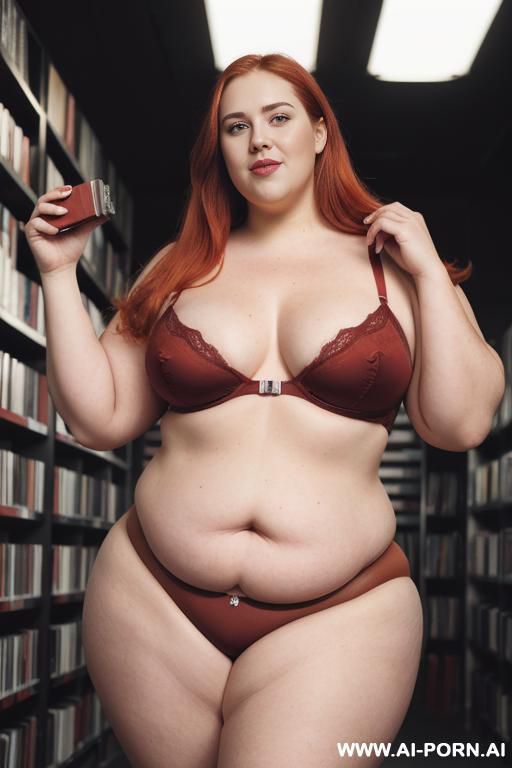 half body photo shot close up. a ((british very obese fat bbw redhead)), ((thick with love handless)). ((wearing a tigth sexy and hot tapes of wraning,)). she is smiling - #main