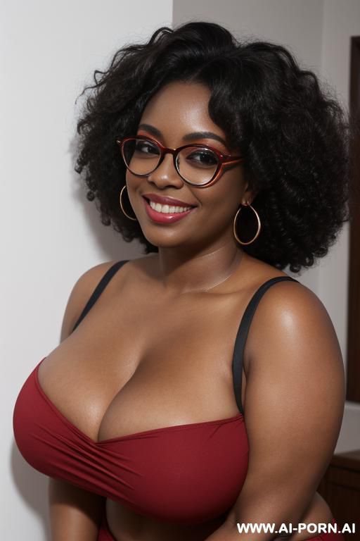 1woman, black woman, very dark skin, massive breasts, huge breasts, breast overflow, deep cleavage, curvy, chubby, thick thighs, wide hips, large afro, voluminous curly black hair, red glasses, brown - #main