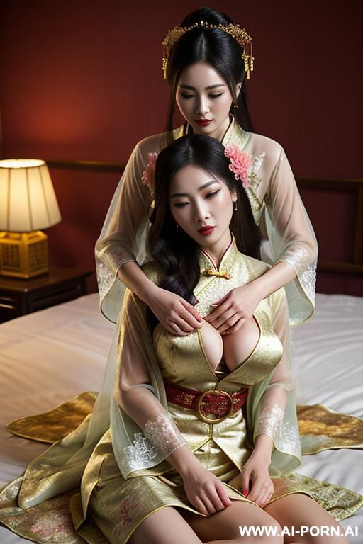 tea party, full clothes, pleated dress, chinese clothes, traditional clothes, chinese wedding, old china outfit , lights color coat , 2 womens, lying on bed, women on top, hugging each other, laying on lab, - #main