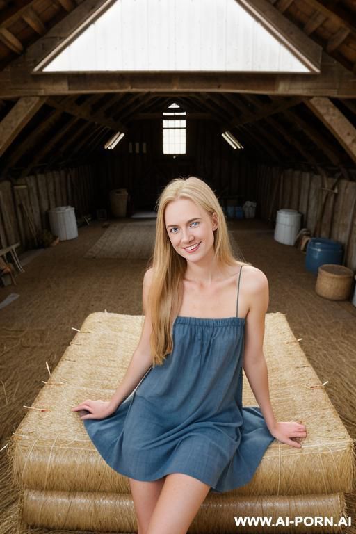 very long hair, body facing the camera, good eye contact, blonde hair, blue eyes, beautiful face, wearing a short summer dress, laying down on the hay - #main