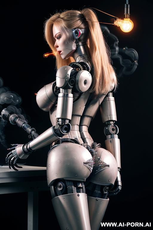 damaged robot, back view, full body view, standing with legs apart, sticking out the ass, hands on desk, looking at viewer, angry face, shouting, beautiful, long straight blonde hair, big lips, - #main